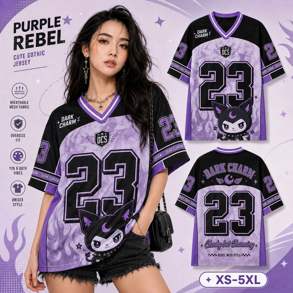 Y2K Oversize Unisex Jersey เสื้อสีม่วงสีดํา 32kV รูปแบบแขนสั้นแฟชั่นเสื้อกีฬาหน้าจอด้านหลังรูปแบบสไต