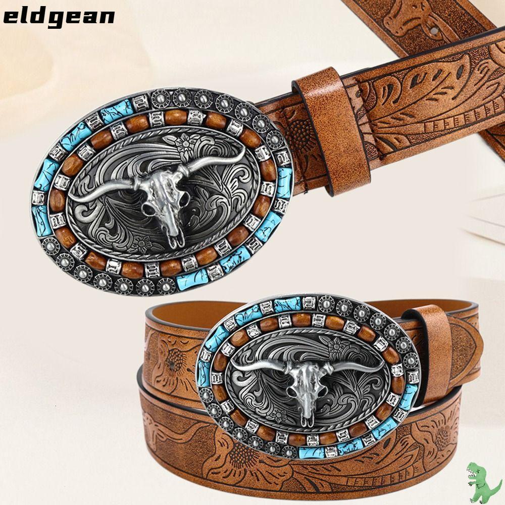 ELDGEAN Mens Western Cowboy Belt, Wide Vintage Buckle Belt, Retro PU Leather Bull Pattern Waist Belt