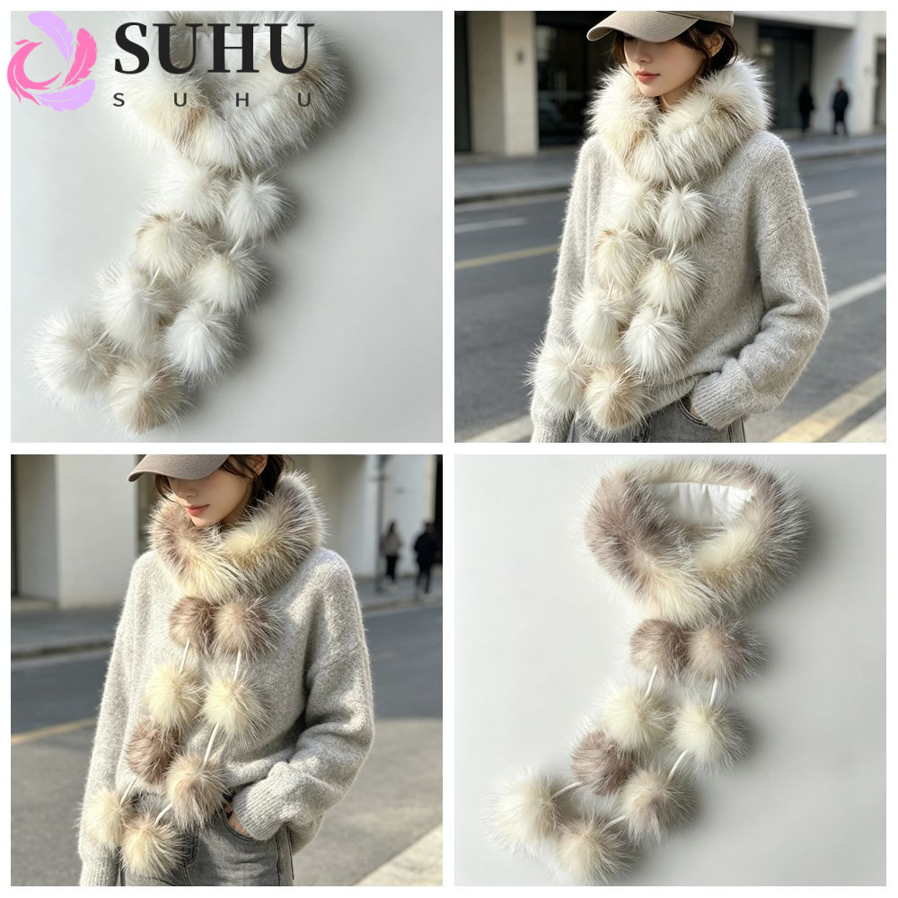 SUHU Faux Fur ผ้าพันคอ, Pom รายละเอียด Faux Fur Fur Fur Collar ผ้าพันคอ,คุณภาพสูงตกแต่งน้ําหนักเบา F
