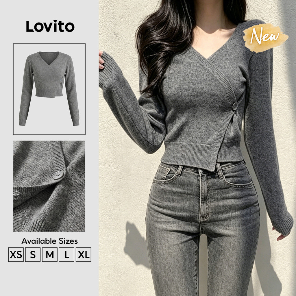 (New Arrival) Lovito  คาร์ดิแกนลําลอง กระดุมไม่สมมาตร ใส่ได้ 2 แบบ สีเทา ฤดูใบไม้ร่วง/ฤดูหนาว สําหรั