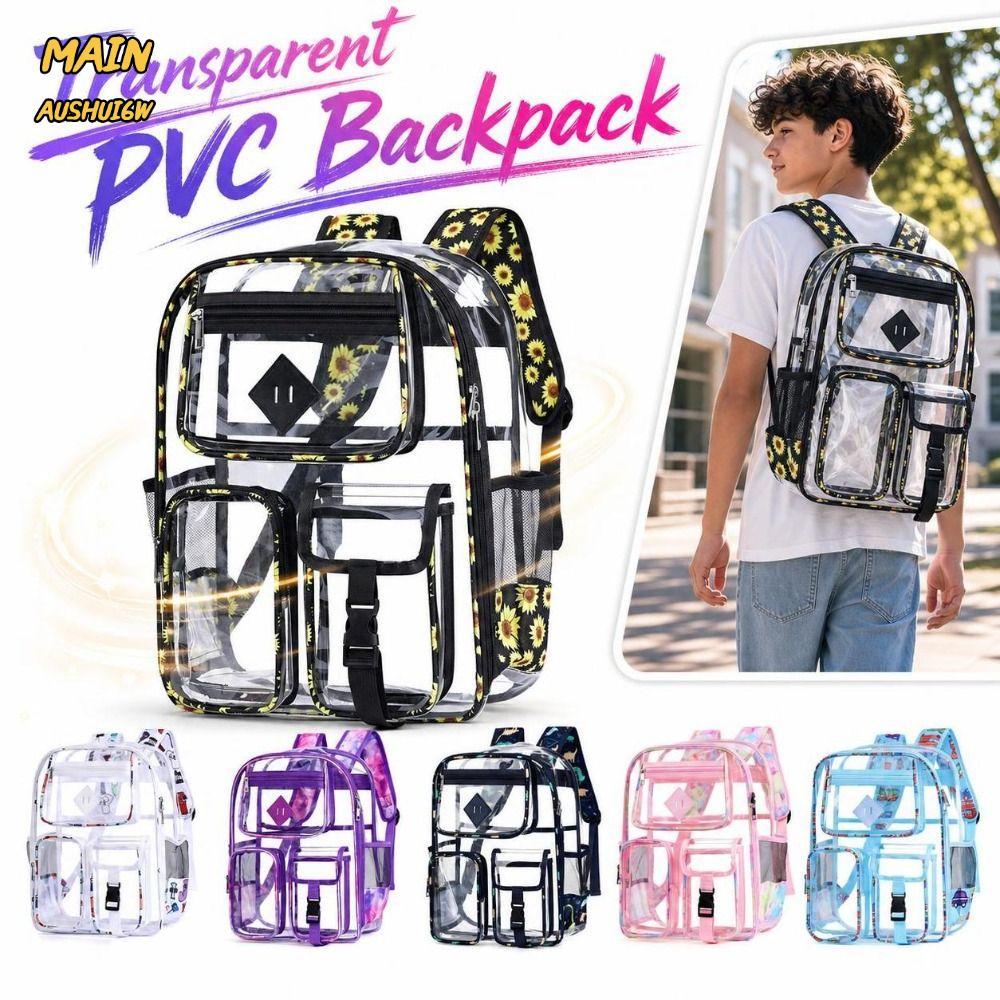MAINAUSHUI6W กระเป๋าเป้สะพายหลัง PVC, Mult-Pocket กันน้ําโรงเรียนกระเป๋าเป้สะพายหลัง,ปฏิบัติโปร่งใสท
