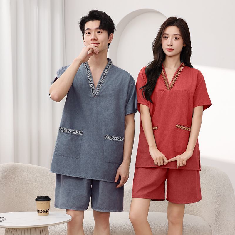 雅洁 棉麻汗蒸服女情侣大码男桑拿服足疗洗浴按摩浴衣家居睡衣9/3 Yajie Cotton and Linen Sauna Suit for Women and Couples, Plus Size 