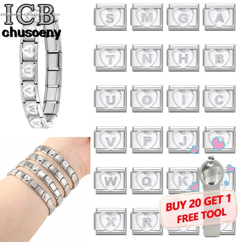 ตัวอักษรสีขาวหัวใจตัวอักษรอิตาเลี่ยน Charm สร้อยข้อมือสร้อยข้อมือสแตนเลสเครื่องประดับทําอุปกรณ์เสริม DIY Retro บุคลิกภาพโมดูลสร้อยข้อมือ