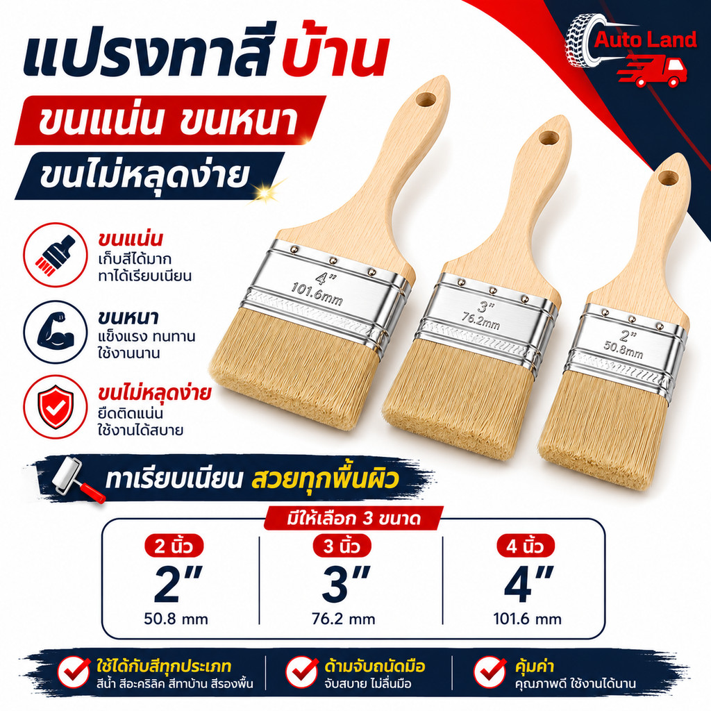 พร้อมส่ง แปรงทาสี แปรงทาสีบ้าน ขนแน่น ขนหนา ขนไม่หลุดง่าย ขนาด 2'' 3'' 4'' สินค้าในไทย