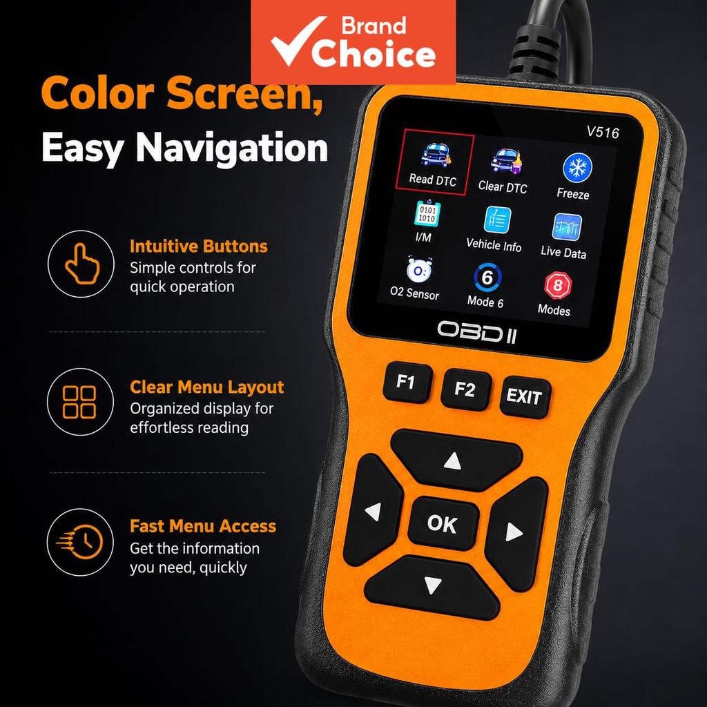 V516 Obd2 เครื่องสแกนเนอร์ 8 ฟังก์ชั่นเครื่องอ่านรหัสเครื่องยนต์ Live Data O2 Test Freeze Frame I/m 
