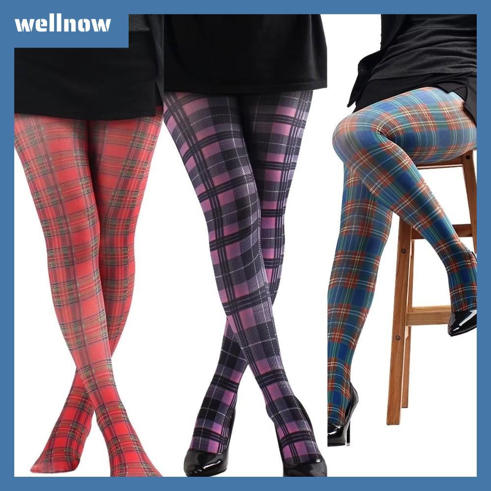 WELLNOW พิมพ์ Tights, Semi-Opaque สีแดงสีม่วงสีฟ้า Pantyhose, สก็อตลายตารางคลาสสิก Tartan High Panty