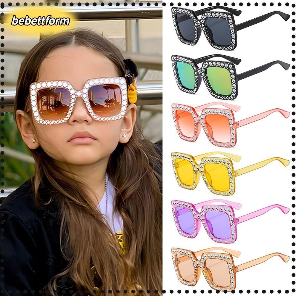 BEBETTKISS Kids Square Sun Glasses, Rhinestone Sparkling Crystal Children Glasses, Retro Diamond Gir
