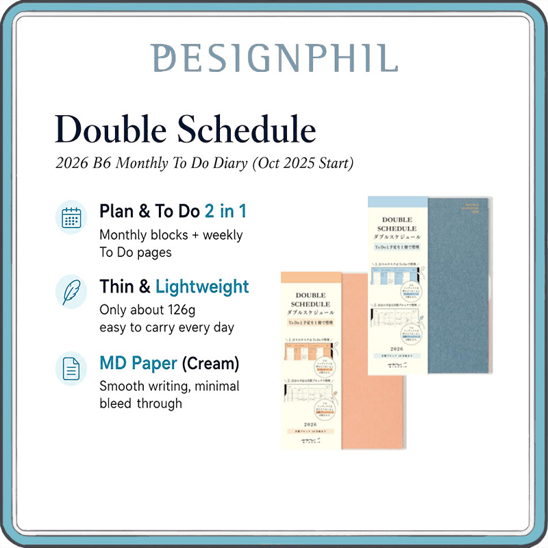 MIDORI Double Schedule Diary 2026 B6 Monthly To Do Planner 15 Months Oct 2025 Start MD Paper Blue 22