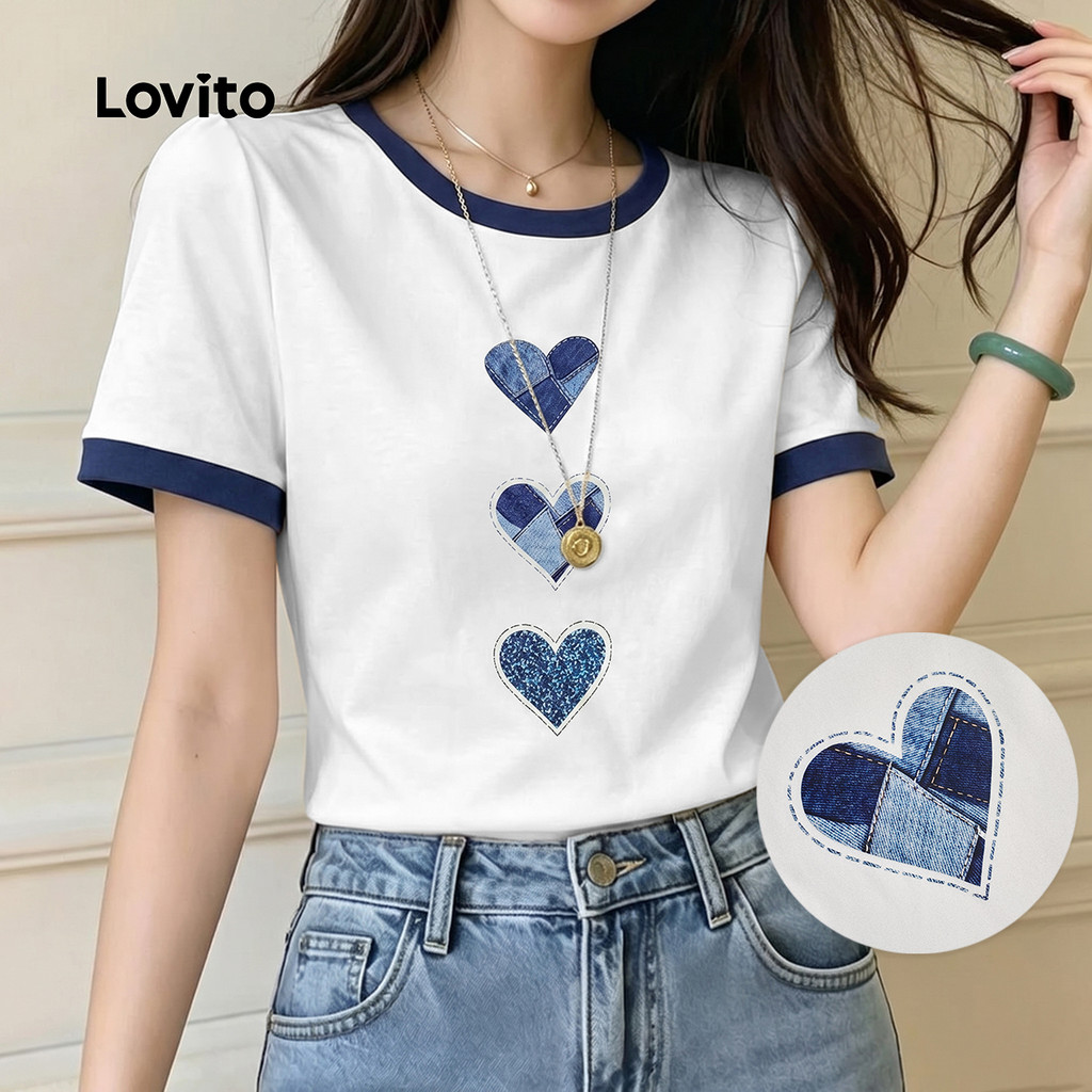 Lovito เสื้อยืดลําลองผู้หญิง คอกลม แขนสั้น สีขาว ลายหัวใจบล็อกสี สําหรับฤดูใบไม้ผลิและฤดูร้อน TSB198P1D631