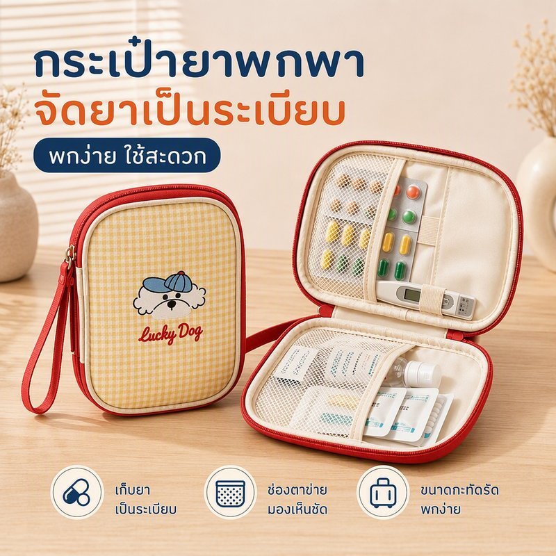 กระเป๋ายา พกพา ลายหมาน่ารัก กล่องจัดเก็บยา ช่องตาข่าย แยกส่วน ซิปเรียบลื่น ใช้เดินทาง