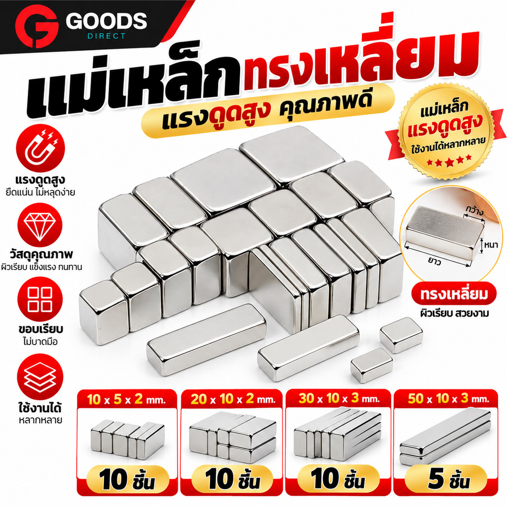 แม่เหล็กทรงเหลี่ยม แม่เหล็กแรงสูง มี 4 ขนาด นีโอไดเมีย Magnet Neodymium