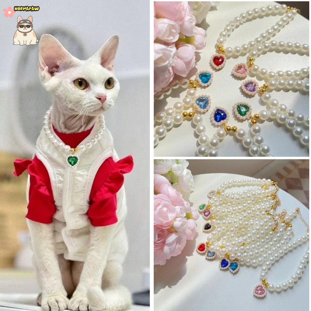 ปลอกคอสัตว์เลี้ยงมุกแบบปรับได้สําหรับแมวและสุนัข - สร้อยคอ Rhinestone Glam สําหรับสัตว์เลี้ยงขนาดเล็ก & Sphynx