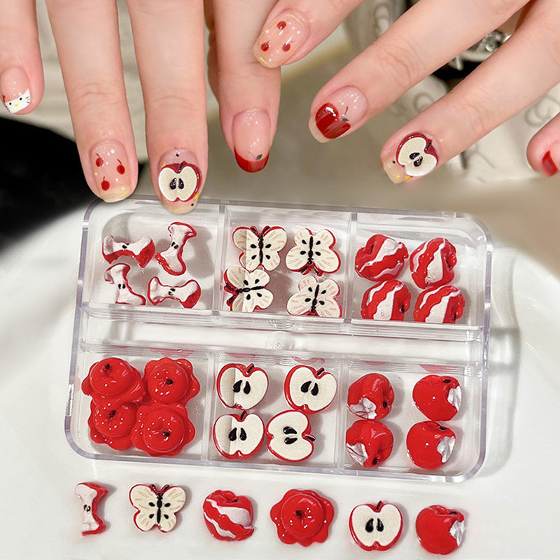 20/24PCS คริสต์มาสสีแดง Apple Nail Art Charms Creative สีสัน Apple เรซิ่นตกแต่งเล็บสําหรับ DIY เล็บหัตถกรรม ราคา ถูกที่สุด ดีลบีเคเค
