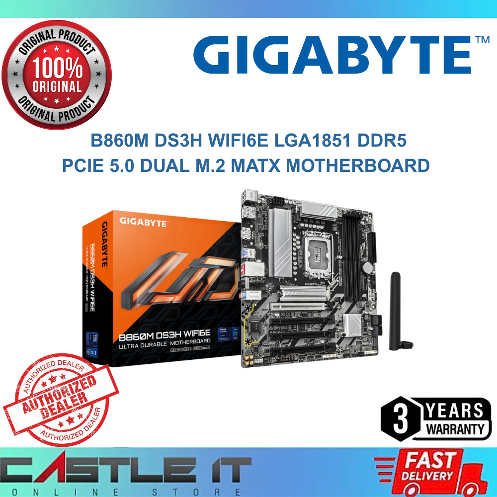 Gigabyte B860M DS3H WiFi6E LGA1851 DDR5 mATX เมนบอร์ด PCIe 5.0 Dual M.2