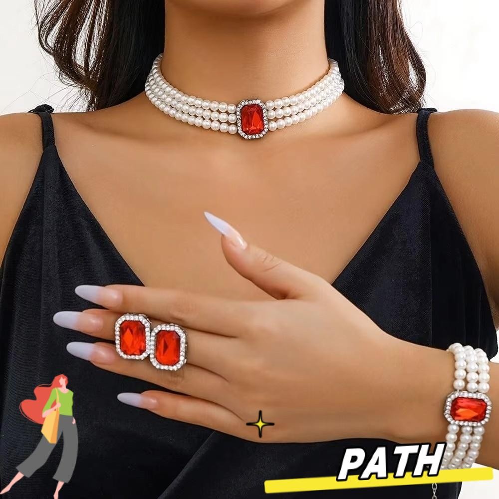 PTH ต่างหูสร้อยคอสร้อยข้อมือชุดลูกปัดหลายชั้นเจ้าสาวหรูหรา