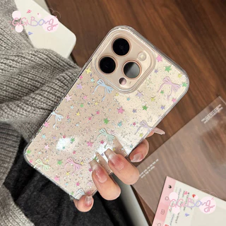เหมาะสำหรับ IPhone 15 11 17 air 13 12 16 14 Pro Max X XS XR 7 8 Plus ดาวดอกไม้สีสันสดใสผงกากเพชรป้องกันฝาครอบพลาสติก