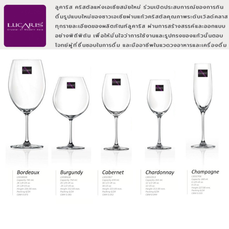 M KITCHEN LUCARIS แก้วไวน์ ผลิตจากคริสตัล คุณภาพระดับ World Class มี 5 แบบให้เลือก แก้วไวน์แดง แก้วไวน์ขาว แก้วแชมเปญ