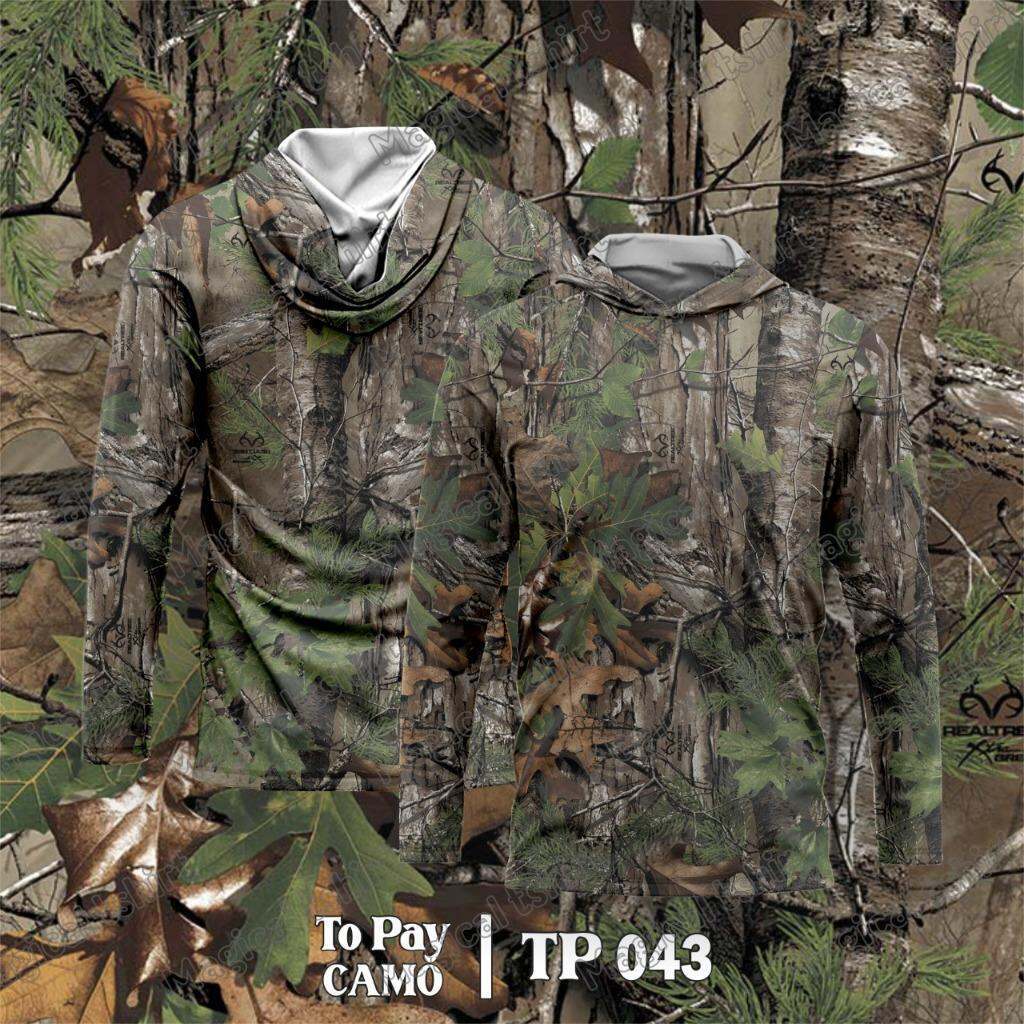 เสื้อกีฬาลายพรางมีฮู้ดสำหรับผู้ชาย ใส่ได้ทั้งกลางแจ้งและในร่ม ออกแบบมาเพื่อกันแดดและเหมาะกับการตกปลารายงานอากาศร้อน
