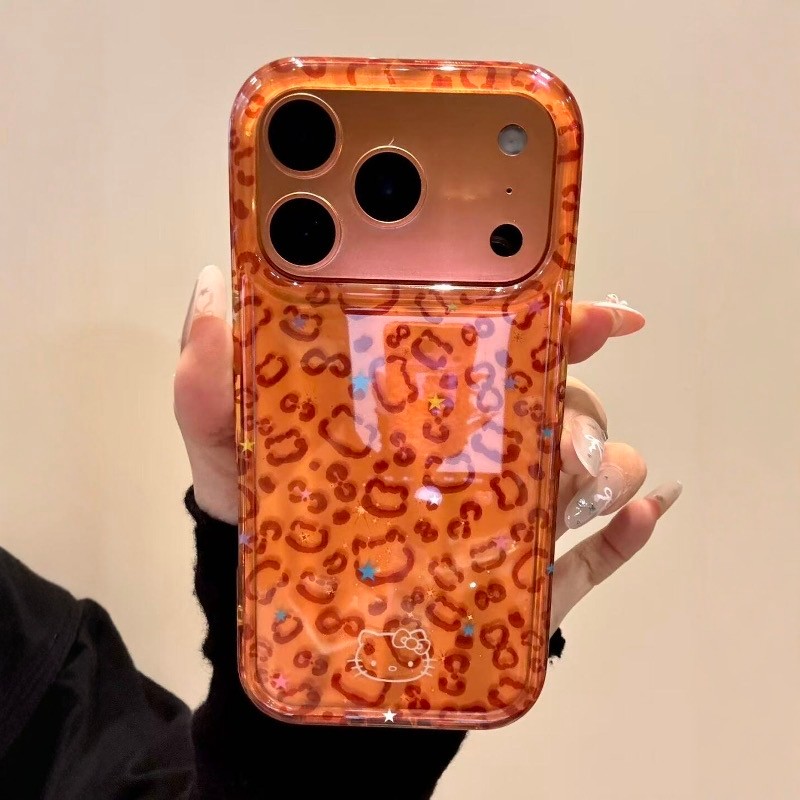 น่ารักสีส้มเต็มหน้าจอเสือดาวพิมพ์ KT แมวเคสโทรศัพท์สําหรับ iPhone17 Pro Max 16 15 14 13 Pro Max กันกระแทกป้องกันกล้อง anti-drop hard ฝาหลัง