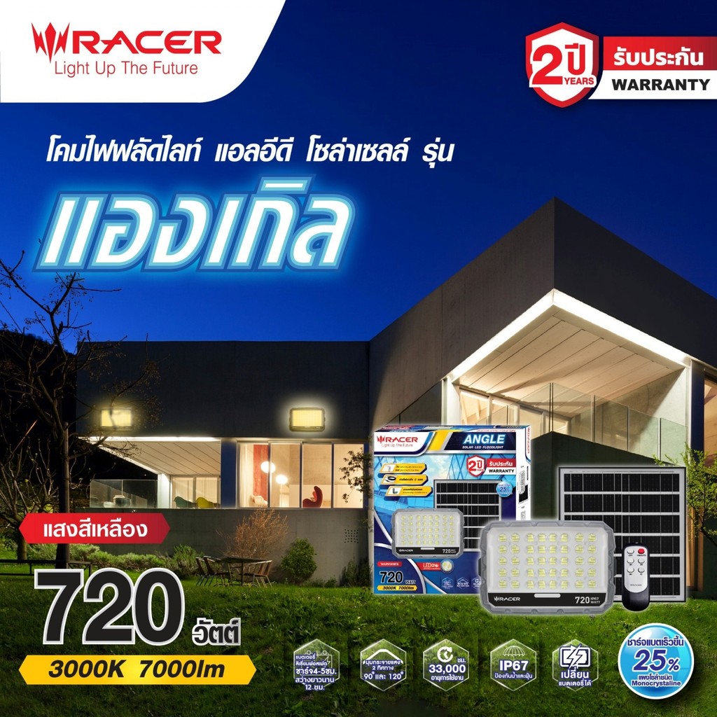 ShopKB RACER โคมไฟฟลัดไลท์ แอลอีดี โซล่าเซลล์ รุ่น แองเกิล  720 วัตต์ แสงเหลือง ยืนหนึ่งในไทย
