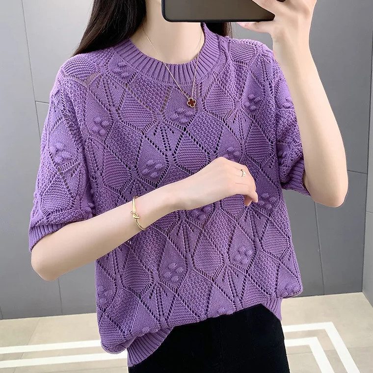 เสื้อถักนิตติ้งคอกลมสำหรับผู้หญิง ดีไซน์เกาหลี ระบายอากาศได้ดี