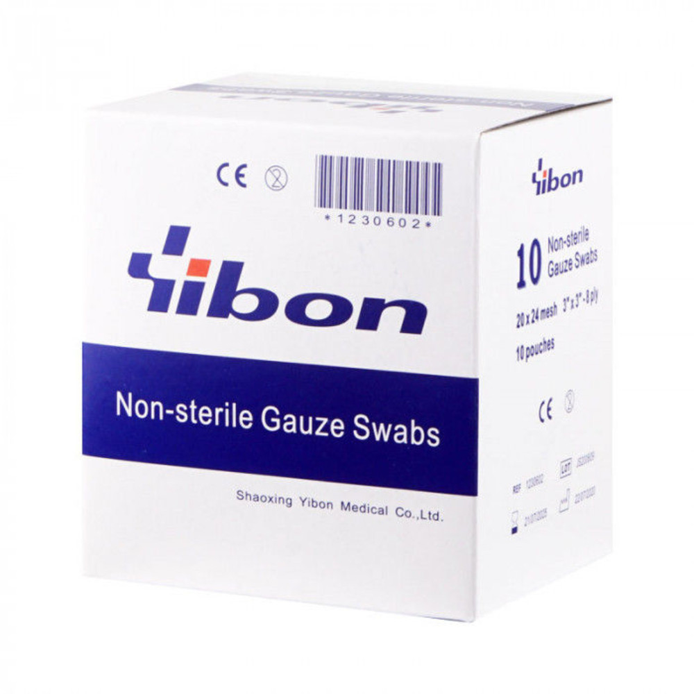 Yibon Non Sterile. Gauze Swabs ผ้าก๊อซ 8 พับ ยิบบอน 2"x2", 3"x3", 4"x4" (10ชิ้น/ซอง)(10ซอง/กล่อง)