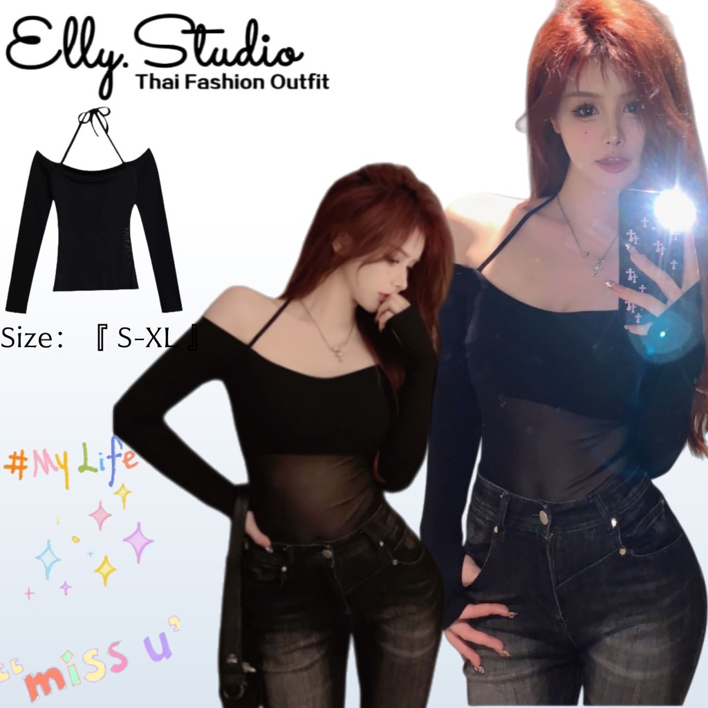 Elly พร้อมส่ง🦄แขนยาวเสื้อเชิ้ตซีทรู 🦄 สไตล์ย้อนยุค Y2K ลายโพกาดอท ทรงรัดรูป เซ็กซี่สำหรับผู้หญิง ใส่เที่ยวได้แบบแฟชั่น