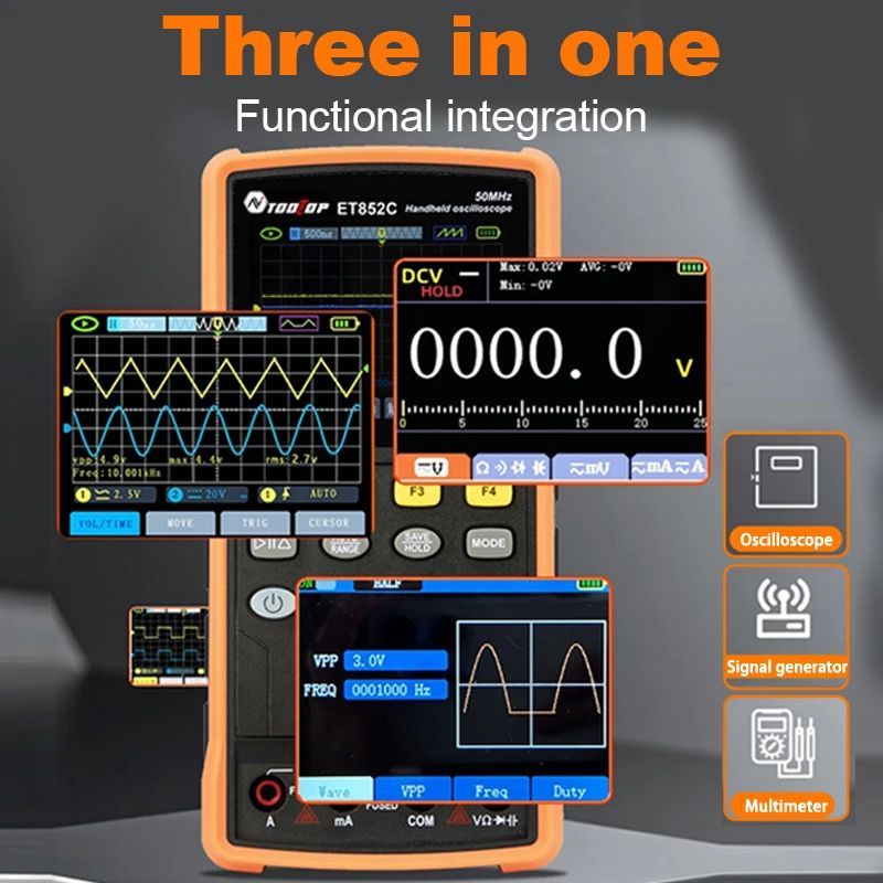ET852C Dual Channel 50MHz Oscilloscope มัลติมิเตอร์สัญญาณเครื่องกําเนิดไฟฟ้า 3in1 แบบพกพาหน้าจอขนาดใ