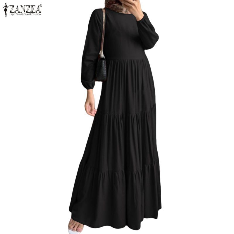 ZANZEA ผู้หญิงมุสลิม Elegant Crew คอโคมไฟแขน Layered Pleats Ruffle Hem Dresses