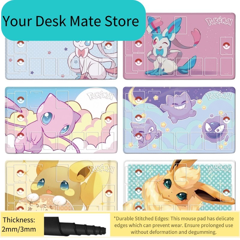 PTCG Pokemon Mew น่ารัก Chibi Mew Pokemon Playmat แผ่นรองโต๊ะขอบเย็บกันน้ํา