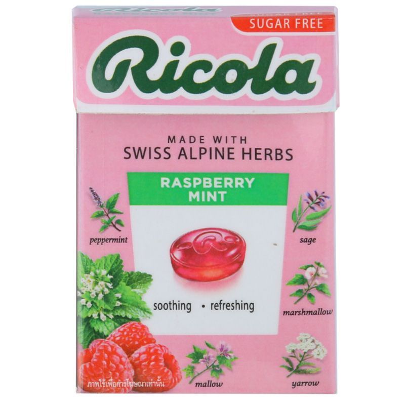 ริโคลาลูกอมสมุนไพรราสพ์เบอร์รีมินต์ชูการ์ฟรี 40ก Ricola Raspberry Mint Sugar Free Candy 40g [7610700018934 ]