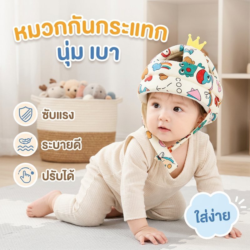 หมวกกันกระแทกเด็ก หัดเดิน หัดคลาน ปรับขนาดได้ ป้องกันศีรษะสามร้อยหกสิบองศา นุ่ม ระบายอากาศ