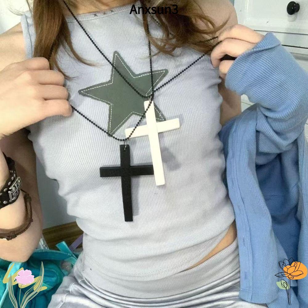 ANXSUN3 ไม้ Cross จี้สร้อยคอ, Y2k Punk Gothic Hip Hop สร้อยคอ,สีดําเสื้อกันหนาวเครื่องประดับ