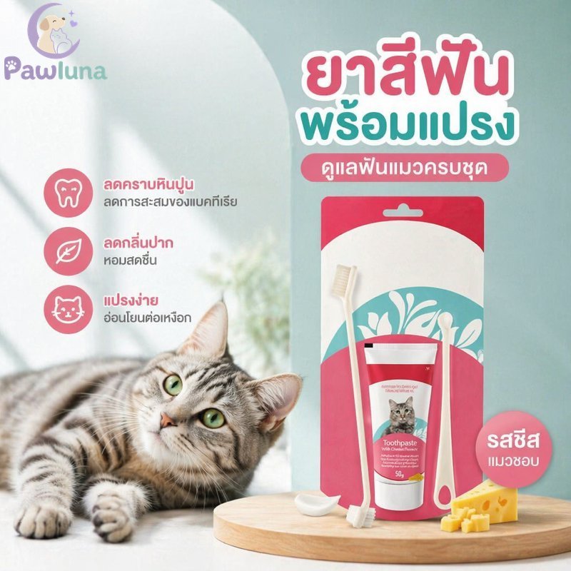 ยาสีฟันแมวชุดแปรงสีฟันรสชีสลมหายใจสดชื่นโล่ดูแลทําความสะอาดช่องปาก3ขนาด