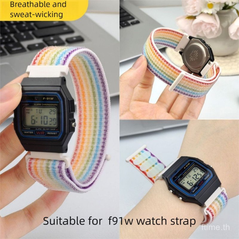 ขยายปรับ Velcro Magic Strap สายนาฬิกาไนลอน Fit F91W F94 F105 Retro Small Square Digital Sweatproof ท
