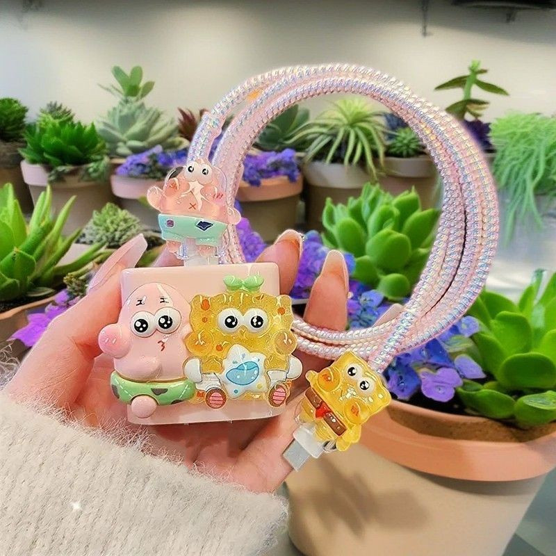 น่ารัก SpongeBob Charger Protector ชุด 40W Charger Case Cable Protector สําหรับ 40W ใช้งานร่วมกับ iP