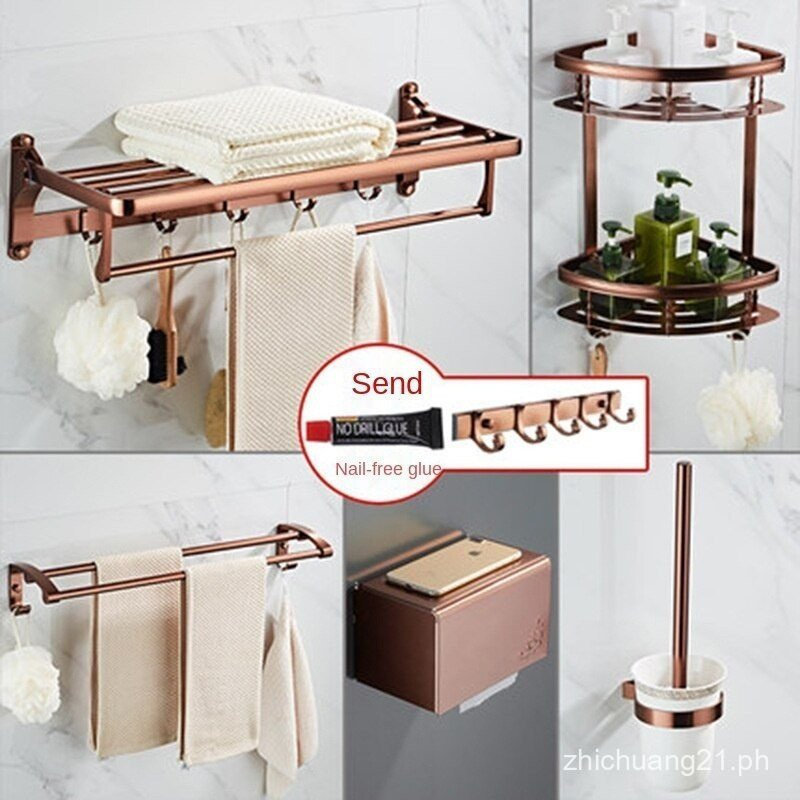 Non Perforated Towel Rack Rose Gold Bath Towel Rack Space อลูมิเนียมห้องน้ํา Rack ฮาร์ดแวร์จี้ชุด 80