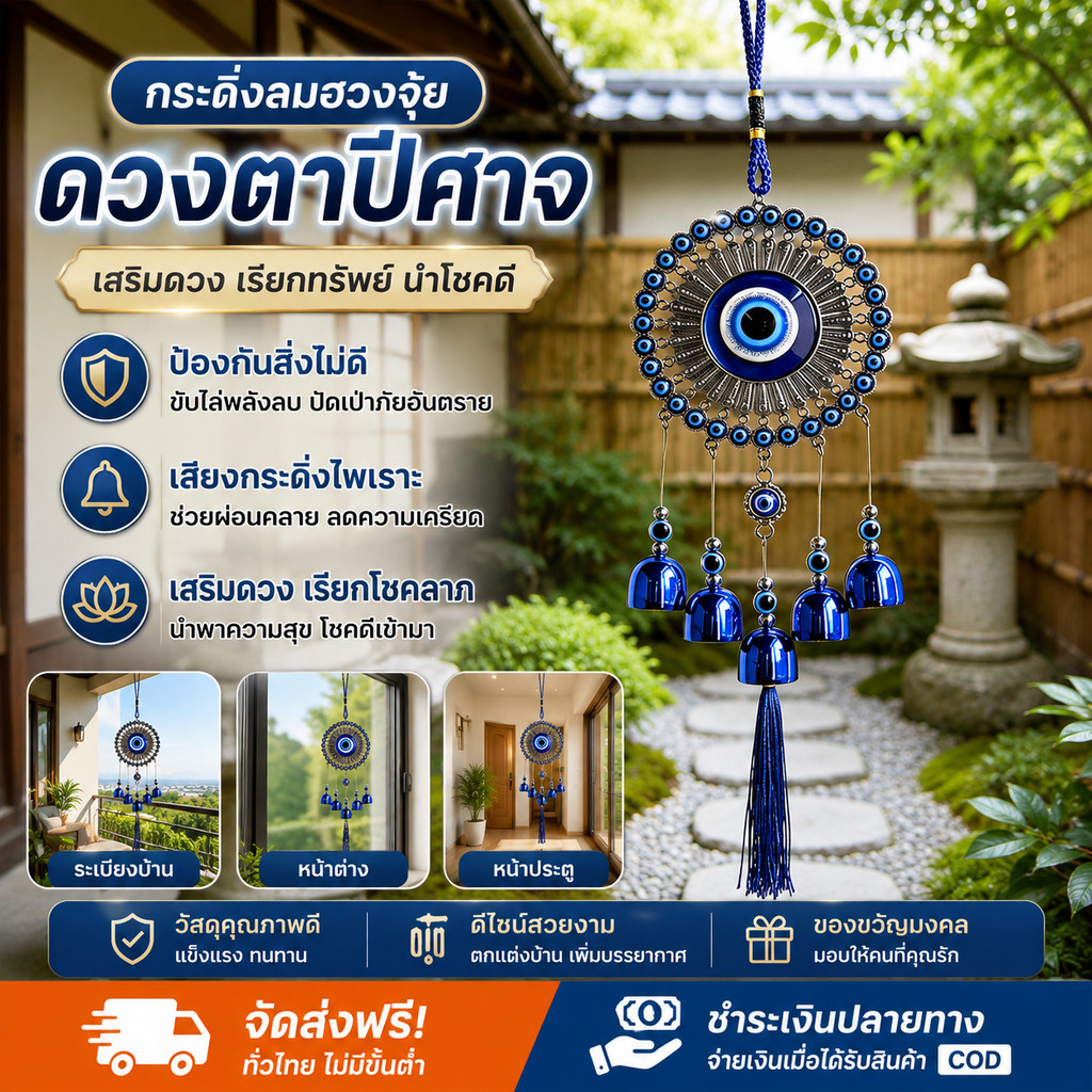 COD กระดิ่งลมฮวงจุ้ย ดวงตาปีศาจ สีฟ้า EVIL EYE โมบายฮวงจุ้ย เสริมดวงชะตา เรียกทรัพย์ นำโชคดี ตกแต่งบ้าน กระดิ่งลม