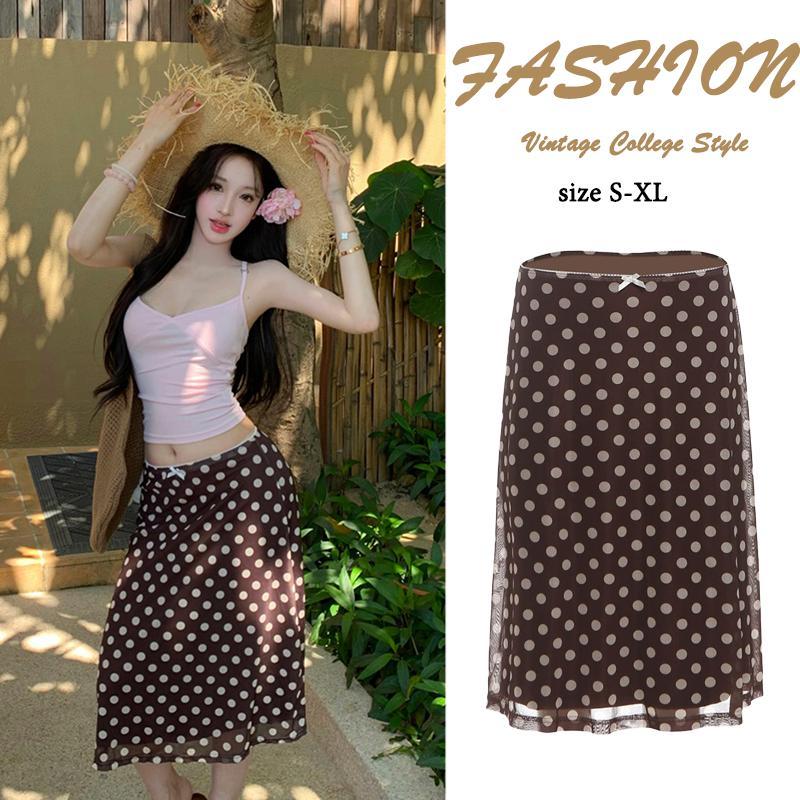 99501 กระโปรงครึ่งตัวทรงกระบอกเอวสูงลายจุดสีแดงสำหรับผู้หญิง ความยาวขา 6 ส่วน เหมาะสำหรับแต่งตัวในฤดูร้อน