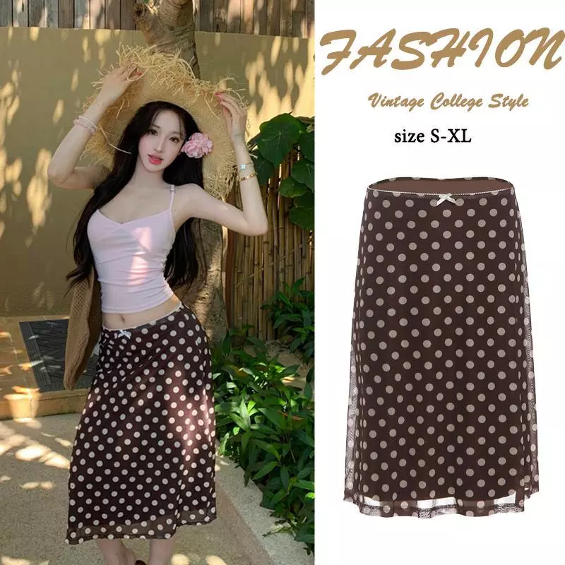 99501 กระโปรงครึ่งตัวทรงกระบอกเอวสูงลายจุดสีแดงสำหรับผู้หญิง ความยาวขา 6 ส่วน เหมาะสำหรับแต่งตัวในฤดูร้อน