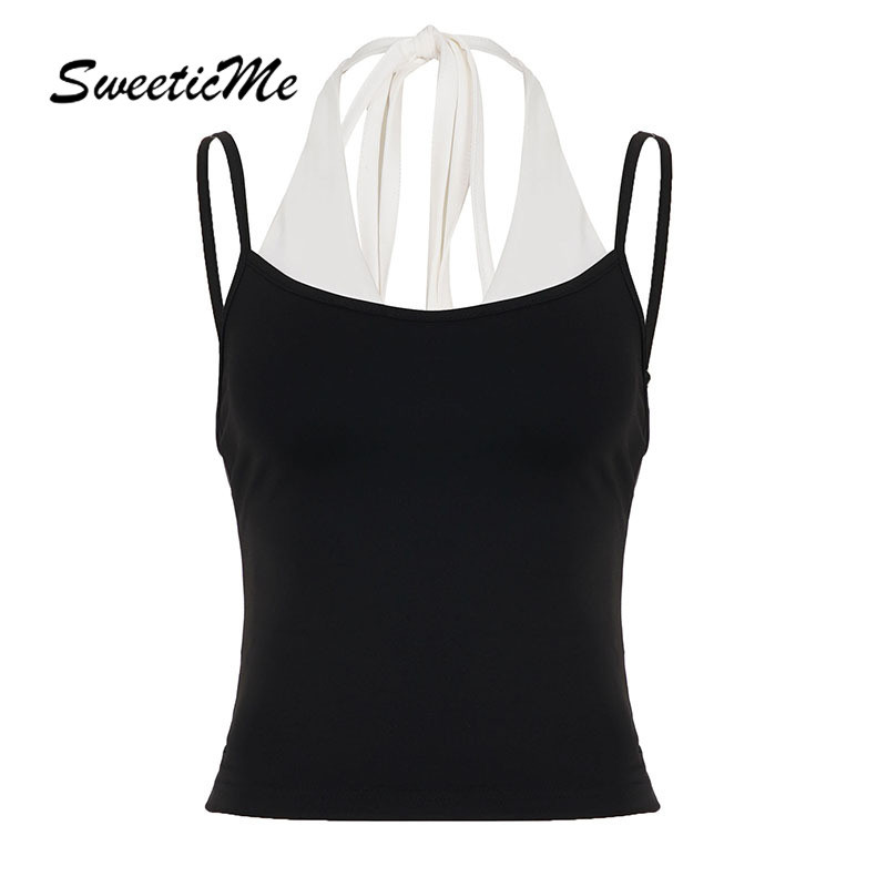 SweeticMe เสื้อกล้ามผู้หญิง 2026 แฟชั่นใหม่สีดําสีขาวสีตัดกันเชือกแขวนคอเสื้อชั้นในสตรี