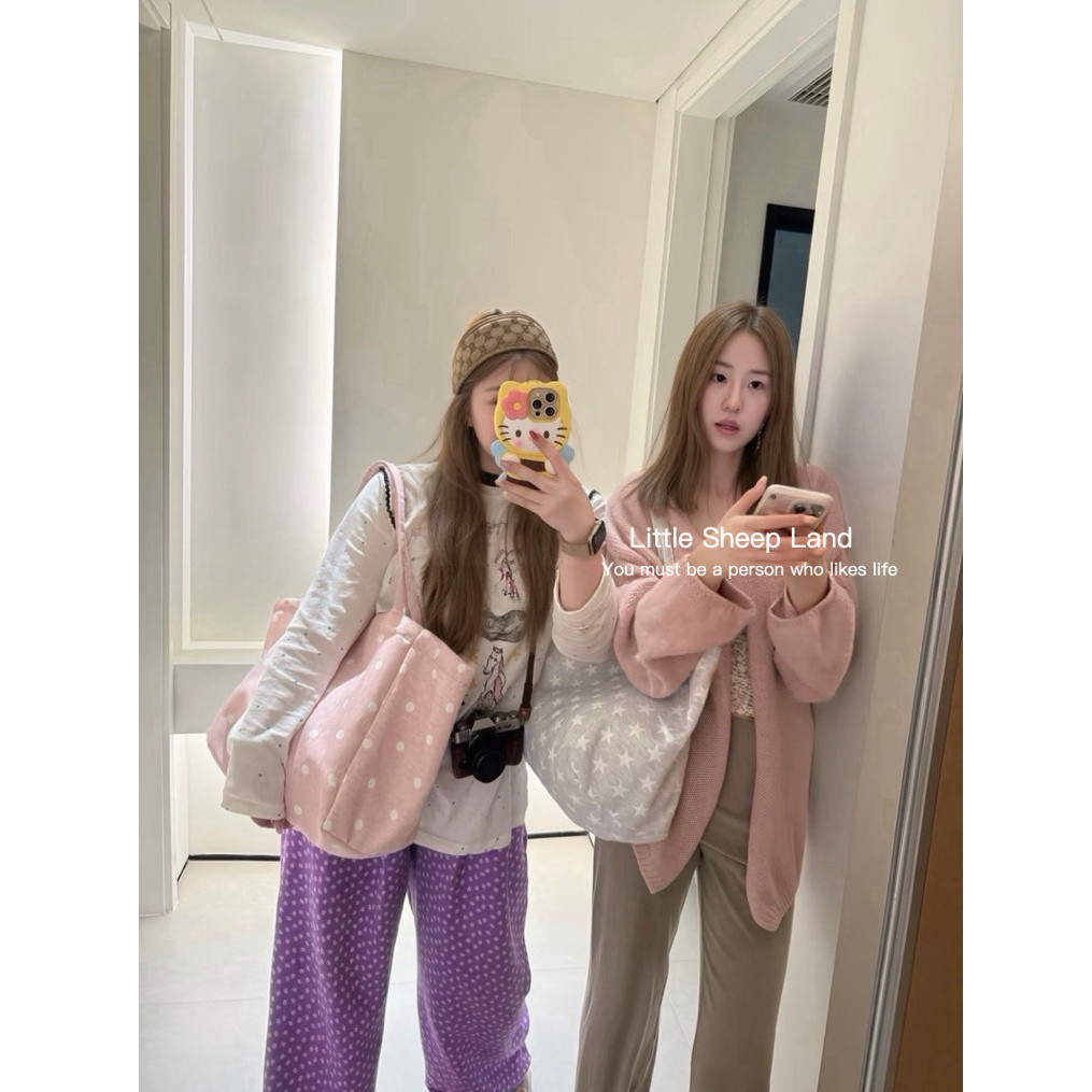 กระเป๋าผ้า ถุงผ้าลายจุดสีชมพูและสีม่วง ใส่หนังสือและipadได้ ใช้งานได้ทุกวัน✨