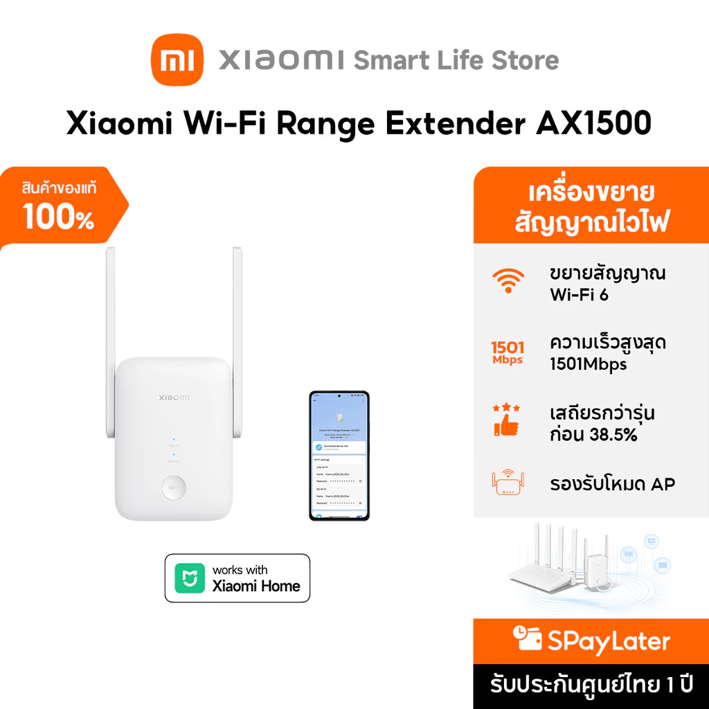 Xiaomi Wi-Fi Range Extender AX1500 ตัวขยายสัญญาณ | ความเร็ว 1501Mbps | พอร์ต Ethernet 10/100/1000 Mbps | Wi-Fi Amplifier