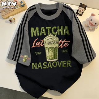 【จัดส่งตลอด 24 ชั่วโมง】NFV เสื้อยืด สไตล์คาเฟ่🍵Oversized ลายแก้วนมชาเขียว สะดวกสบาย ระบายอากาศ YG6229