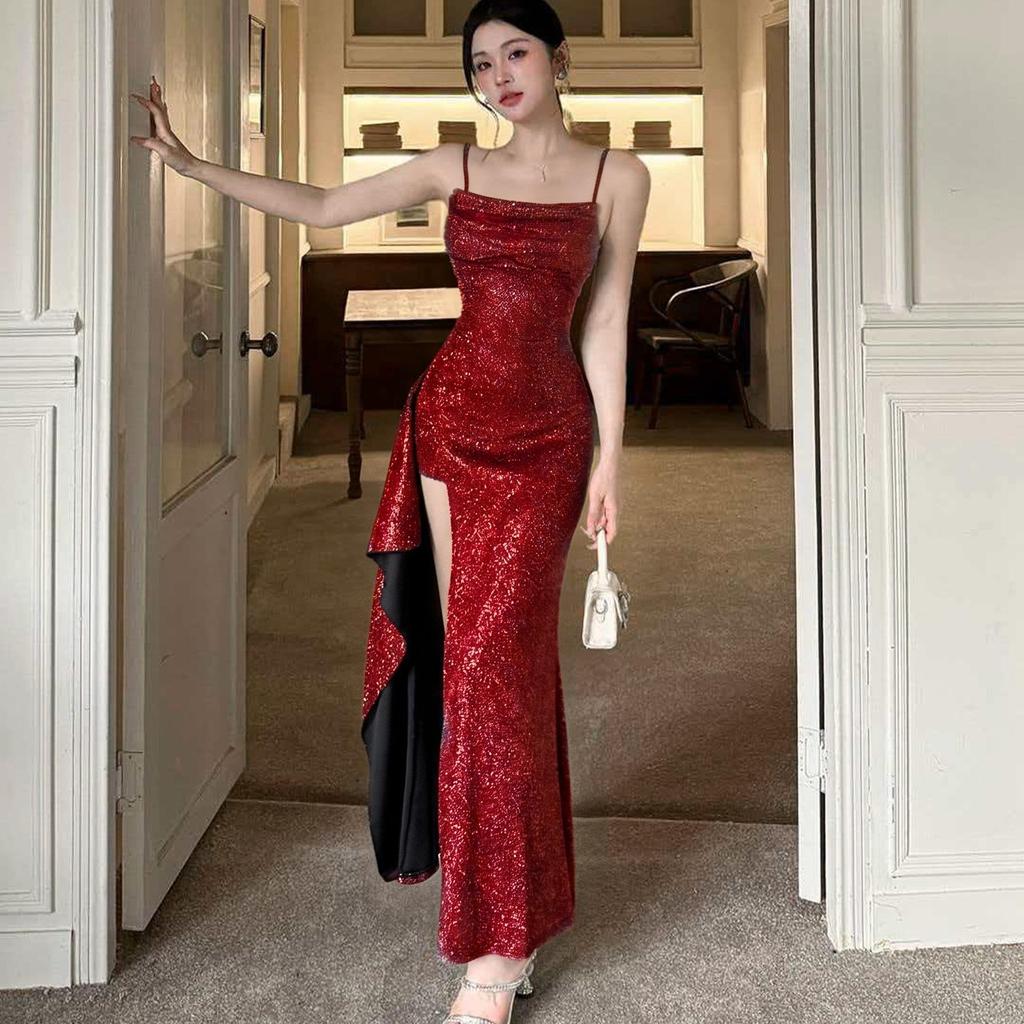 red dress ชุดเดรสยาว สีแดง กากเพชร เซ็กซี่ ผ่าสูง ชุดออกงาน ชุดไปปาร์ตี้