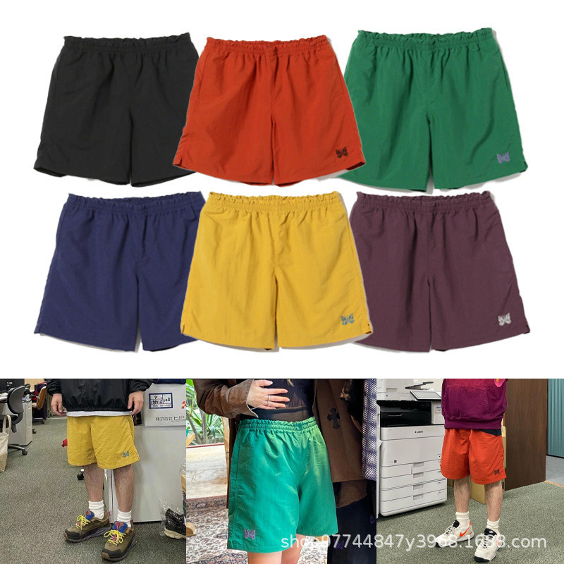NEEDLES BEAMS Joint Style กางเกงขาสั้นปักผีเสื้อ Quick-Drying cityboy กางเกงชายหาดลําลองผู้ชายอินเทร