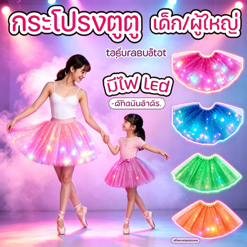 กระโปรงตูตู มีไฟ led กระโปรงสีรุ้ง พิมพ์ดาว เด็ก ผู้ใหญ่ ฟรีไซส์ ชุดเต้น งานแสดง กีฬาสี