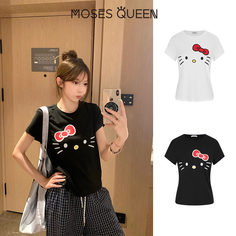 MOSESQUEEN ความเมตตา แมวน่ารักแฟชั่นการ์ตูนพิมพ์ติดตั้งและเสื้อยืดแขนสั้นหลวมคอกลมและเอฟเฟกต์สลิมมิ่ง #63771