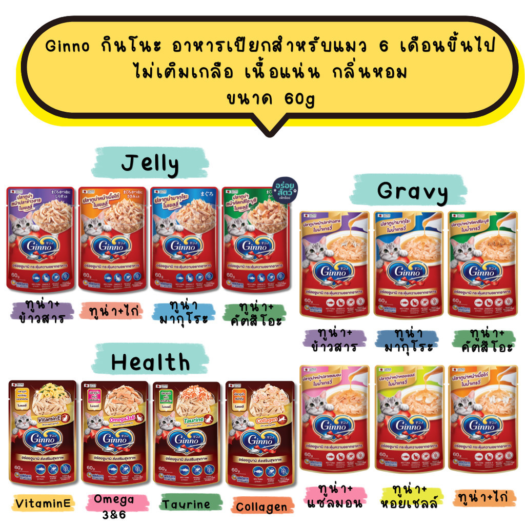 (ยกโหล 12 ซอง) Ginno กินโนะ อาหารเปียกสำหรับแมว 6 เดือนขึ้นไป ไม่เติมเกลือ เนื้อแน่น กลิ่นหอม ขนาด 60g