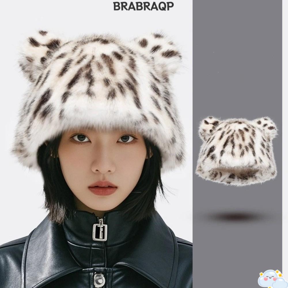 BRABRAA หมวกตุ๊กตาเสือดาว, Keep Warm Bear Ear Beanies Cap, Cute Tiger Pattern Fluffy Fur Bucket Hats